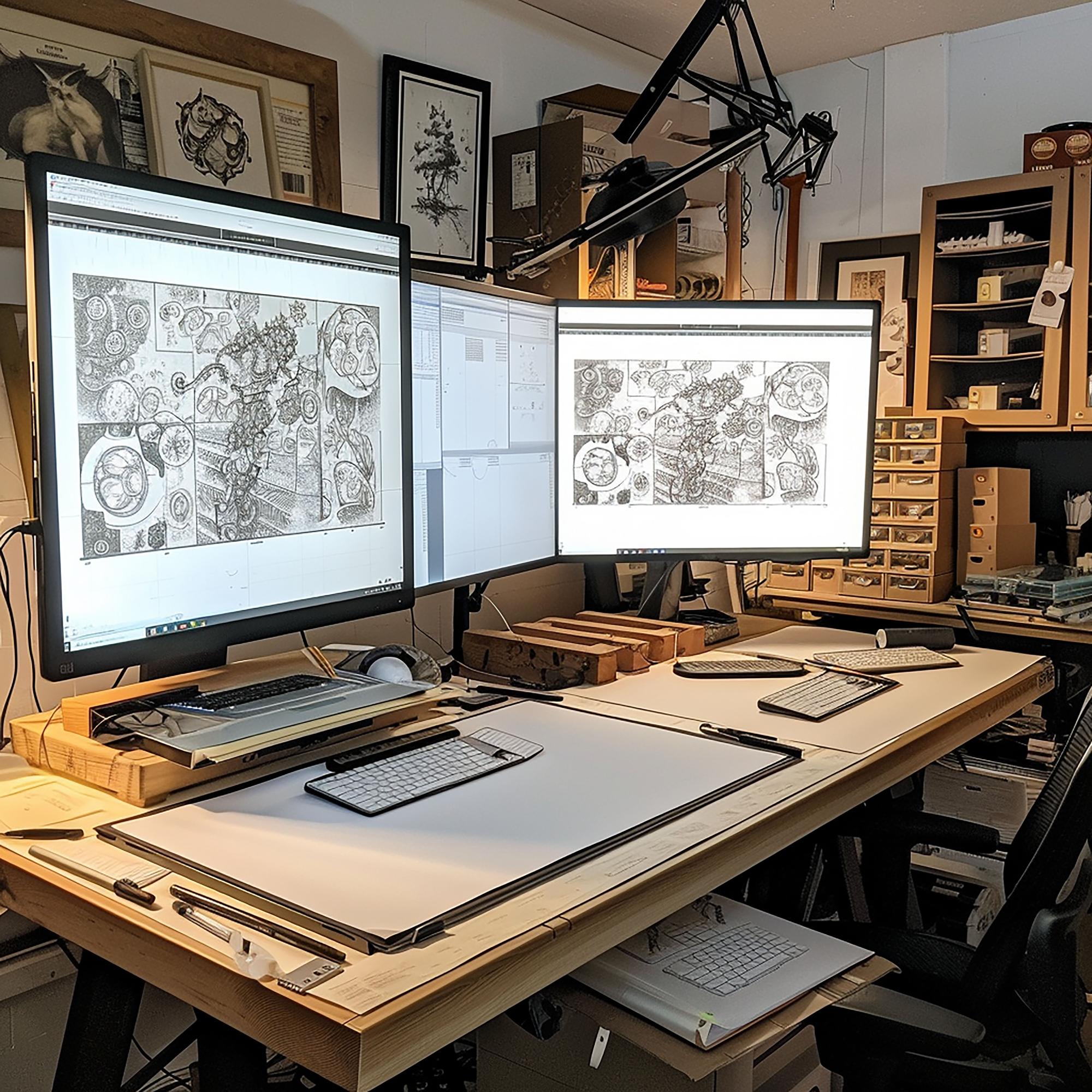 Studio workspace with game sketches and screens