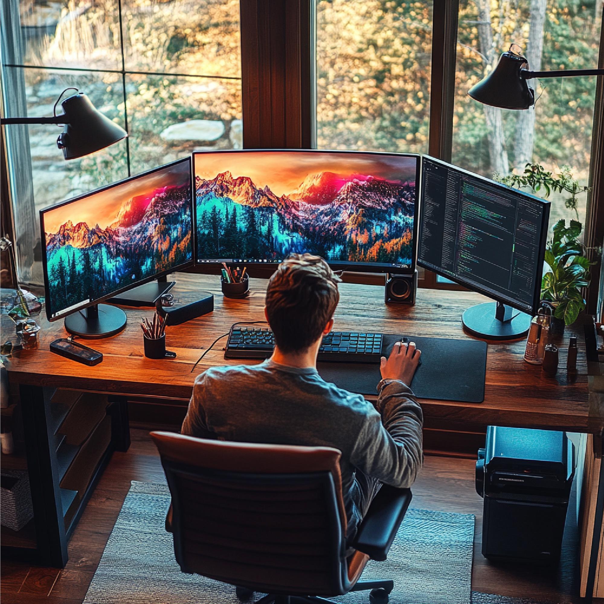 Developer at desk with game level on monitor